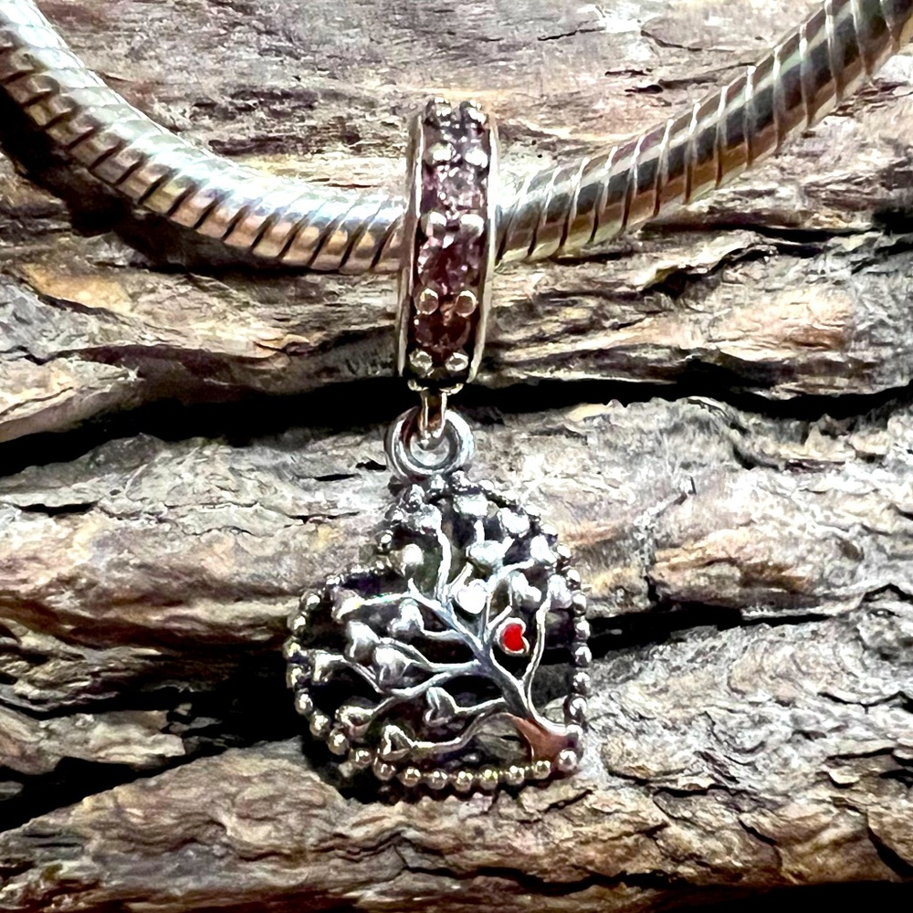 Authentic Pandora Charm Tree of Love Dangle 
Silver Hearts Red Pink Enamel Cz